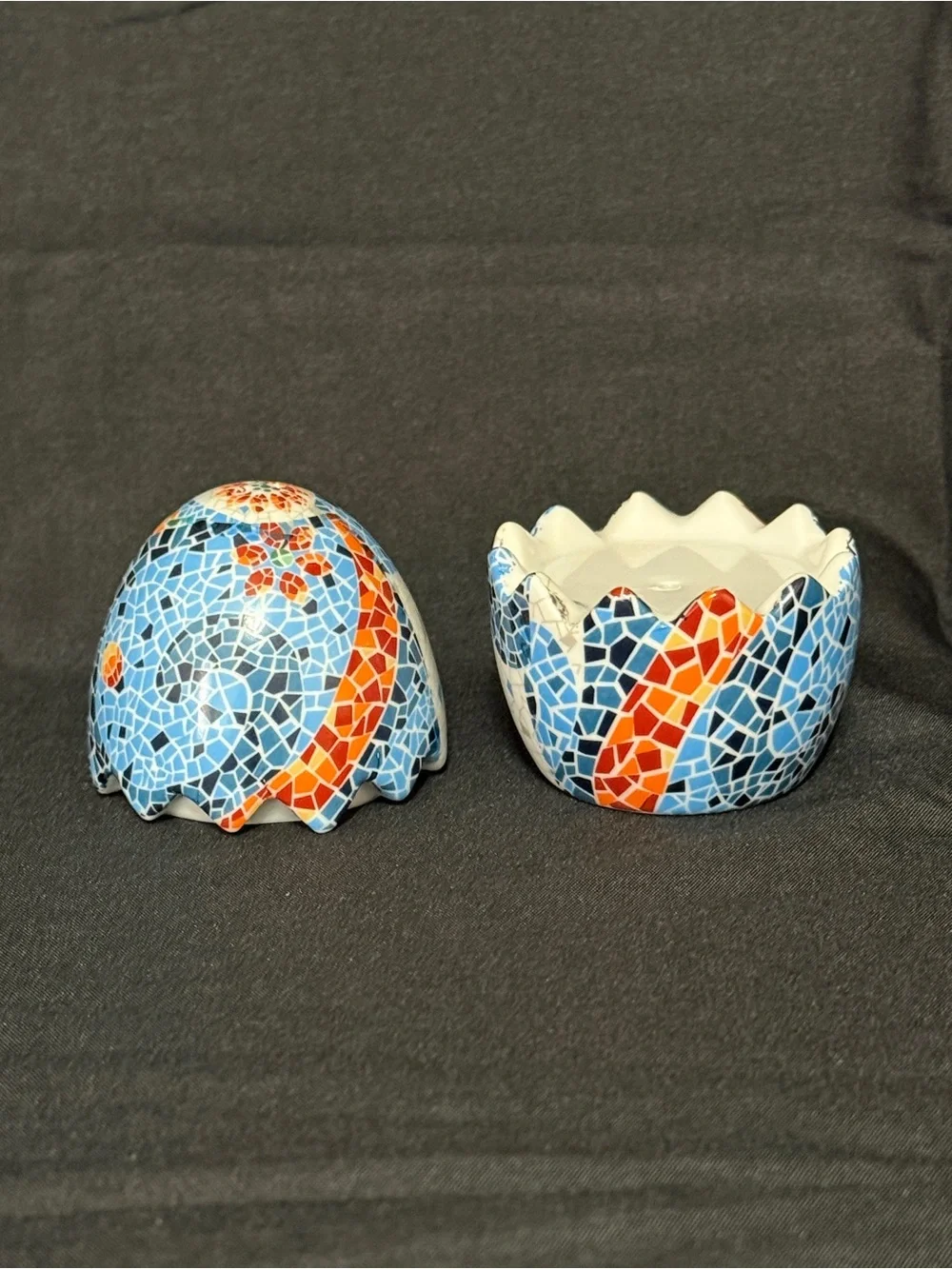 Blue and Orange Mosaic Ceramic Egg Décor Salt and Pepper Shaker